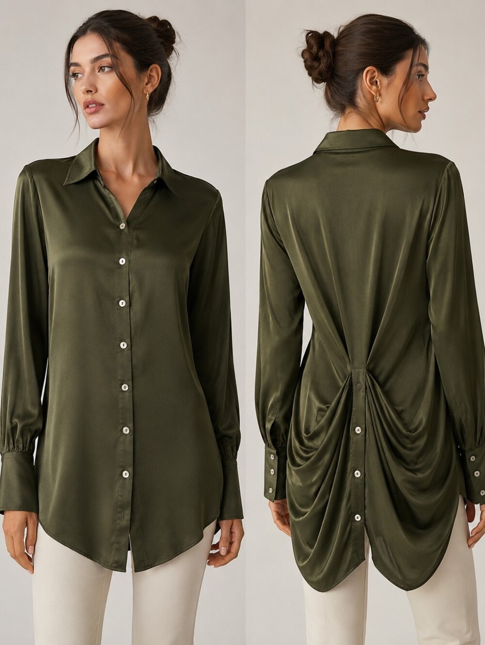 Dar-Ti 100% Silk Tunica button down Blouse ,Size XS,army Green